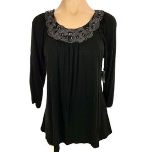 Madison Black Top Blouse Petite M Silver Roping w/ Black Stones 3/4 Sleeve